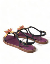 Dolce & Gabbana Black Leather Crystal Sandals