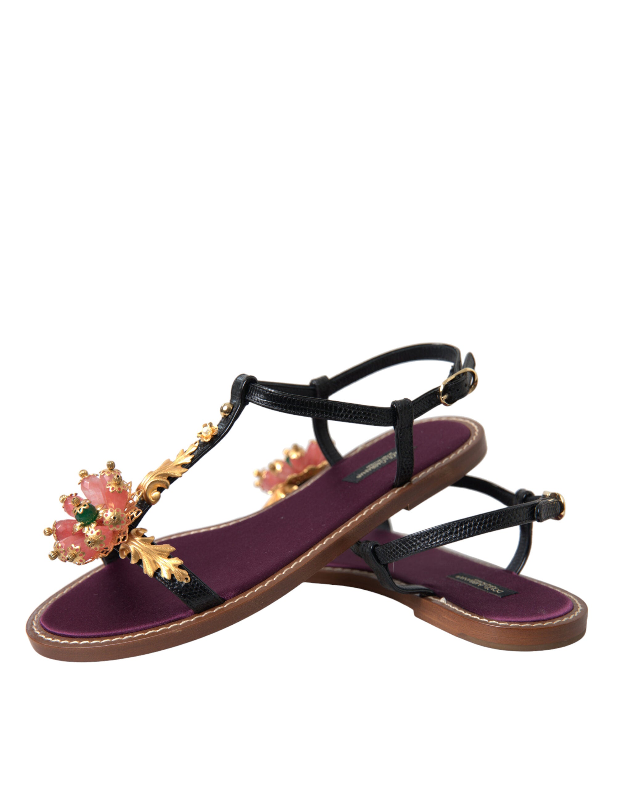 Dolce & Gabbana Black Crystal Leather Sandals