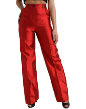 Red Satin Silk High Waist Wide Leg Pants