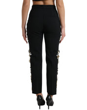 Black Floral Applique High Waist Tapered Pants