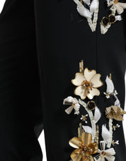 Black Floral Applique High Waist Tapered Pants