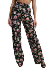 Black Floral Wool High Waist Wide Leg Pants