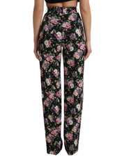Black Floral Wool High Waist Wide Leg Pants
