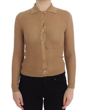 Beige Knitted Cotton Polo Cardigan Sweater