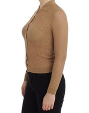 Beige Knitted Cotton Polo Cardigan Sweater