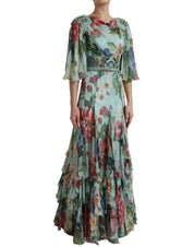Blue Floral Print Tiered Long Maxi Dress