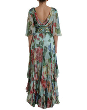 Blue Floral Print Tiered Long Maxi Dress