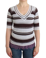 Striped Lace V-Neck Short Sleeve Top Sweater