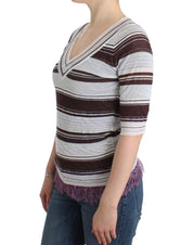Striped Lace V-Neck Short Sleeve Top Sweater