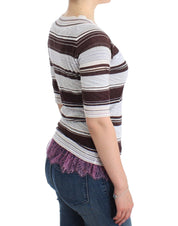 Striped Lace V-Neck Short Sleeve Top Sweater