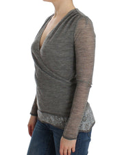 Gray Wool Blend Stretch Long Sleeve Sweater