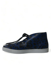 Dolce & Gabbana Blue Calfskin Leopard Mid-top Sneakers