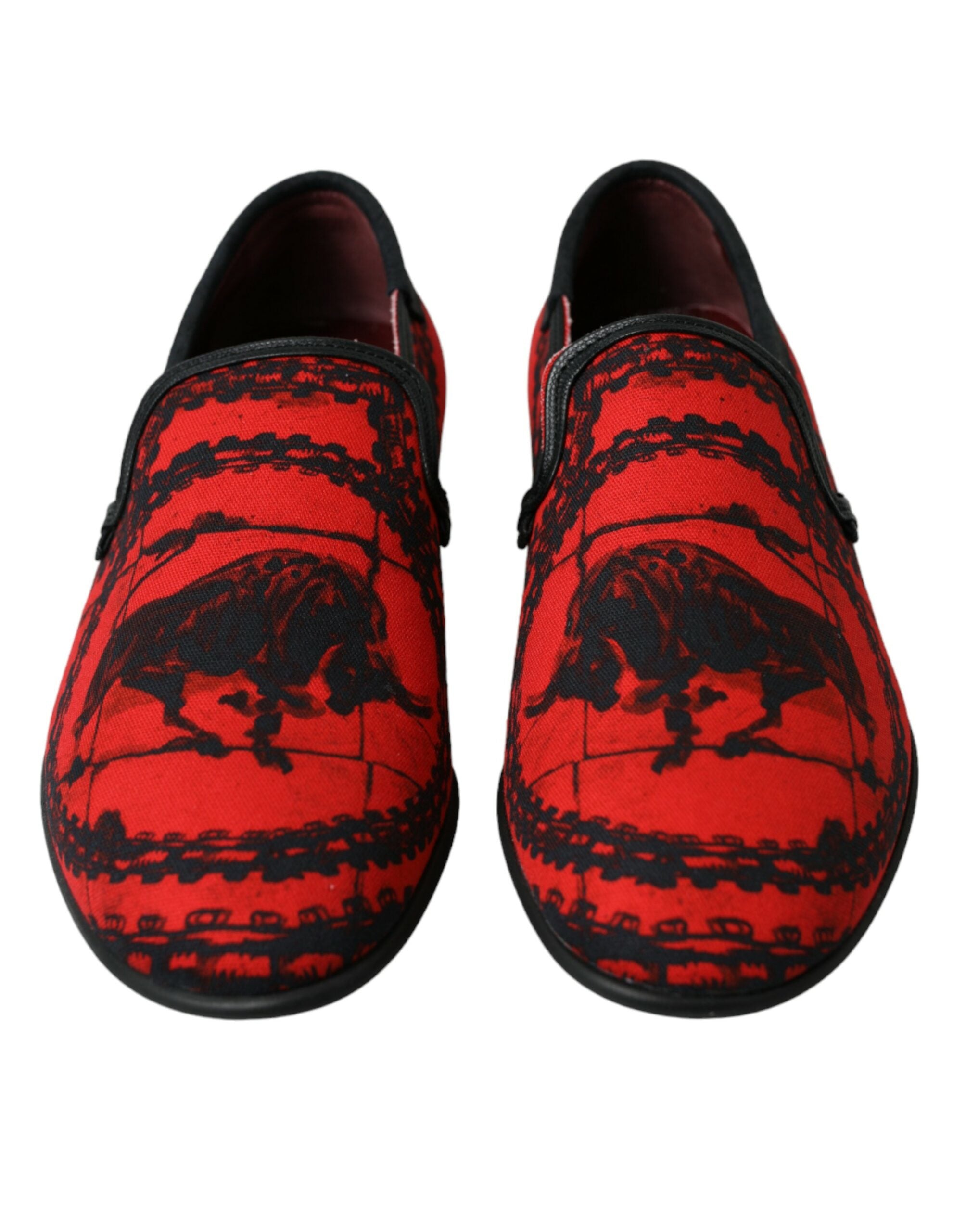 Dolce & Gabbana Red and Black Cotton Calfskin Leather Loafers