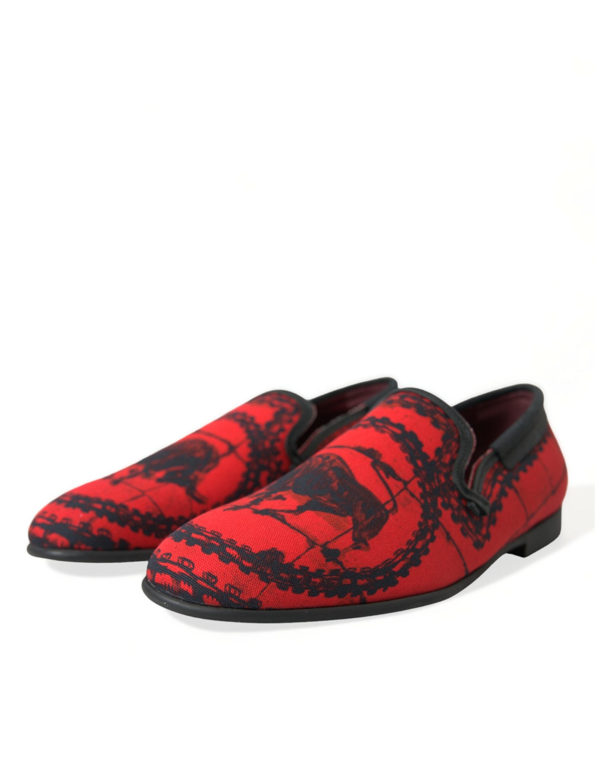 Dolce & Gabbana Red and Black Cotton Calfskin Leather Loafers