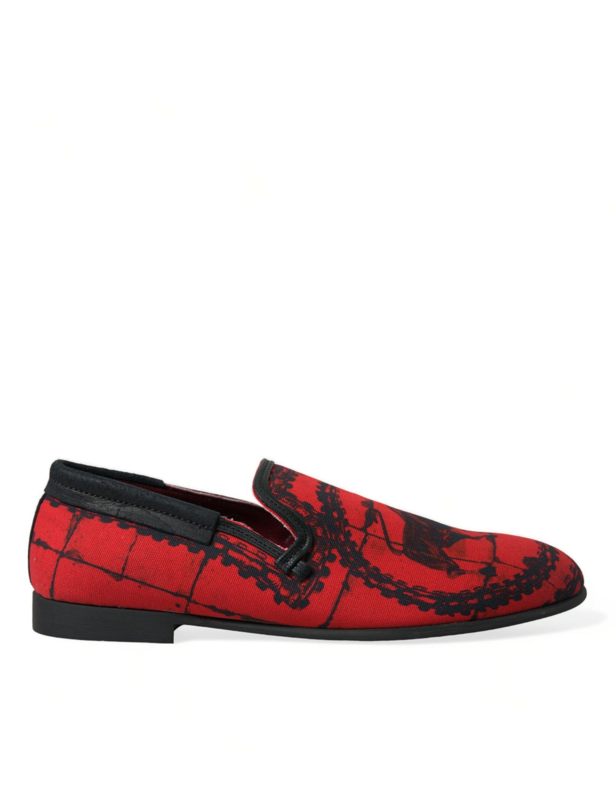 Dolce & Gabbana Red and Black Cotton Calfskin Leather Loafers