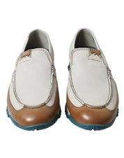 White Brown Leather Slip On Men Moccasin Shoes