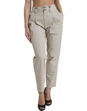 Beige Cotton High Waist Tapered Pants
