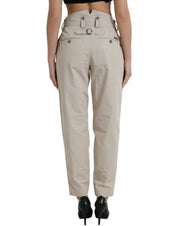 Beige Cotton High Waist Tapered Pants