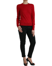 Red Wool Knitted Crew Neck Pullover Sweater