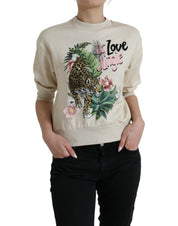 Beige Jungle Printed Cotton Pullover Sweater
