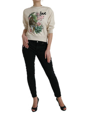 Beige Jungle Printed Cotton Pullover Sweater