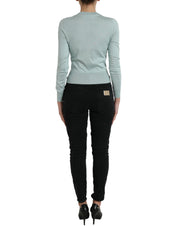 Light Blue Silk Crew Neck Cardigan Sweater