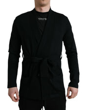 Black Cashmere Long Sleeves Belted Wrap Robe