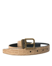 Beige Exotic Leather Gold Metal Buckle Belt