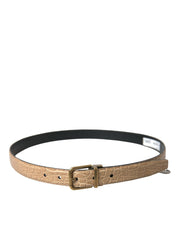 Beige Exotic Leather Gold Metal Buckle Belt