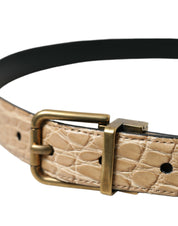Beige Exotic Leather Gold Metal Buckle Belt