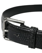 Black Exotic Leather Silver Metal Buckle Belt