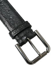 Black Exotic Leather Silver Metal Buckle Belt