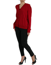 Red Wool V-neck Buttoned Cardigan Sweater