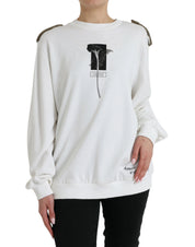 White Floral Cotton Crew Neck Pullover Sweater