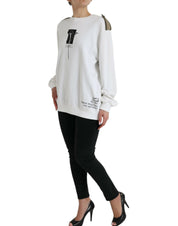 White Floral Cotton Crew Neck Pullover Sweater