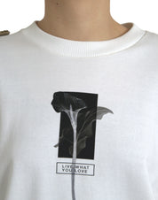 White Floral Cotton Crew Neck Pullover Sweater