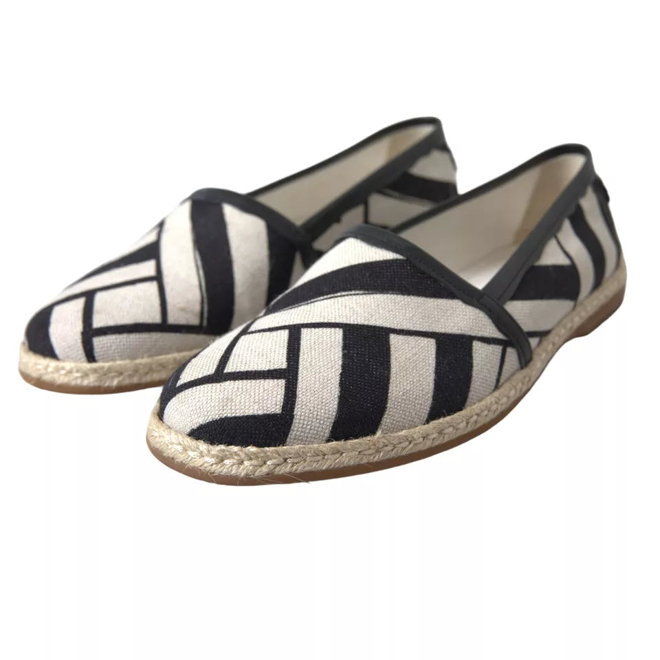 Dolce & Gabbana Black White Striped Linen Leather Espadrille Shoes