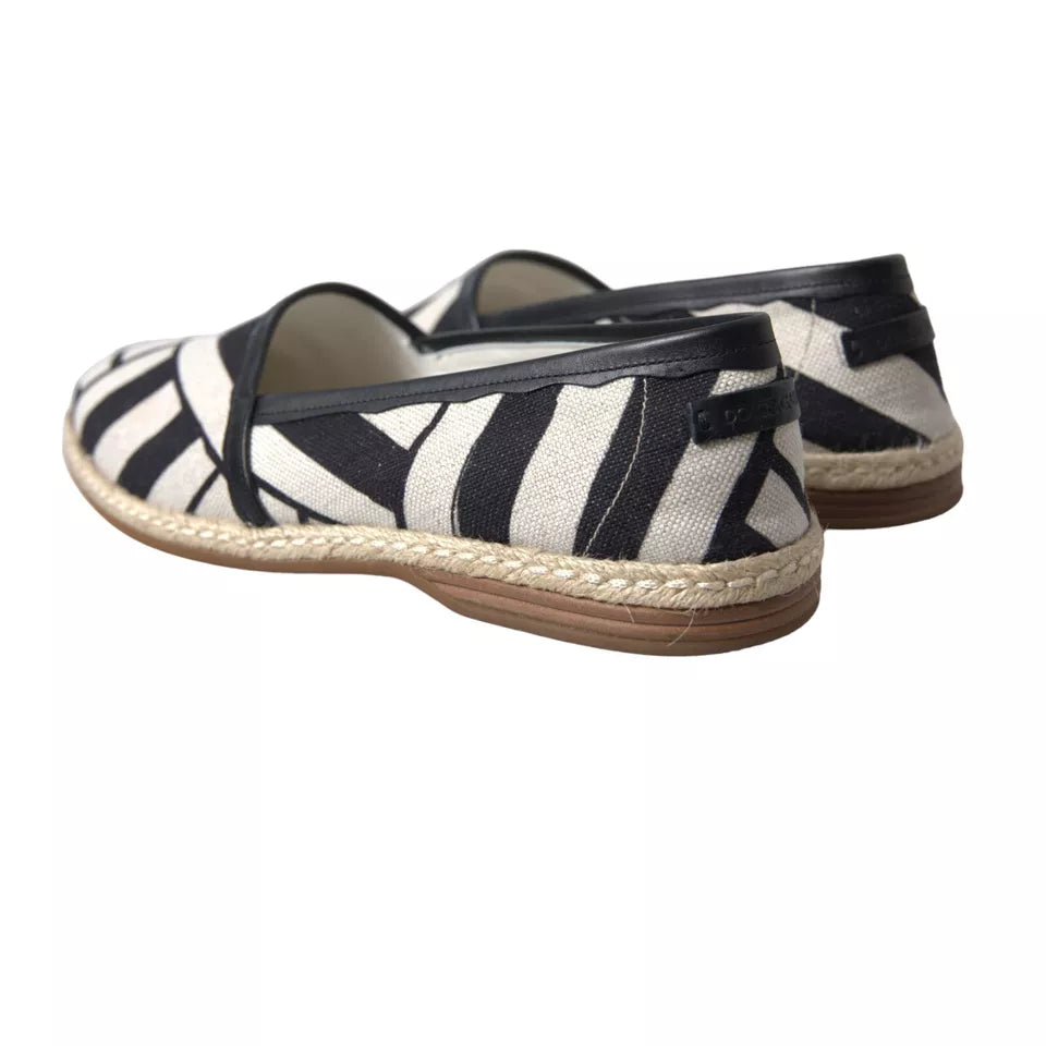 Dolce & Gabbana Black White Striped Linen Leather Espadrille Shoes
