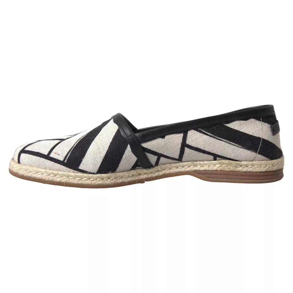 Dolce & Gabbana Black White Striped Linen Leather Espadrille Shoes