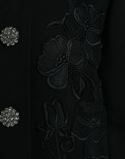 Black Floral Wool Button Embellished Jacket