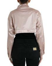 Pink Cotton Stretch Collared Cropped Jacket
