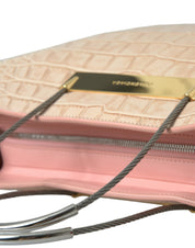 Pink Exotic Leather Embossed Cable Handle Shopper Tote Bag