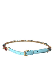 Light Blue Leather Crystal Chain Waist Belt