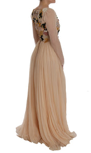 Pink Silk Floral Crystal Maxi Gown Dress