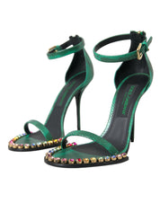 Green Exotic Leather Crystal Sandals Shoes