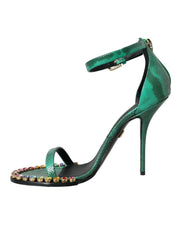 Green Exotic Leather Crystal Sandals Shoes