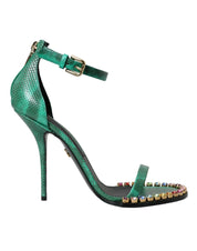 Green Exotic Leather Crystal Sandals Shoes