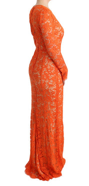 Orange Floral Ricamo Sheath Long Dress