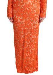 Orange Floral Ricamo Sheath Long Dress