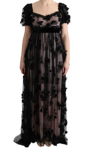 Black Pink Silk Applique Shift Dress